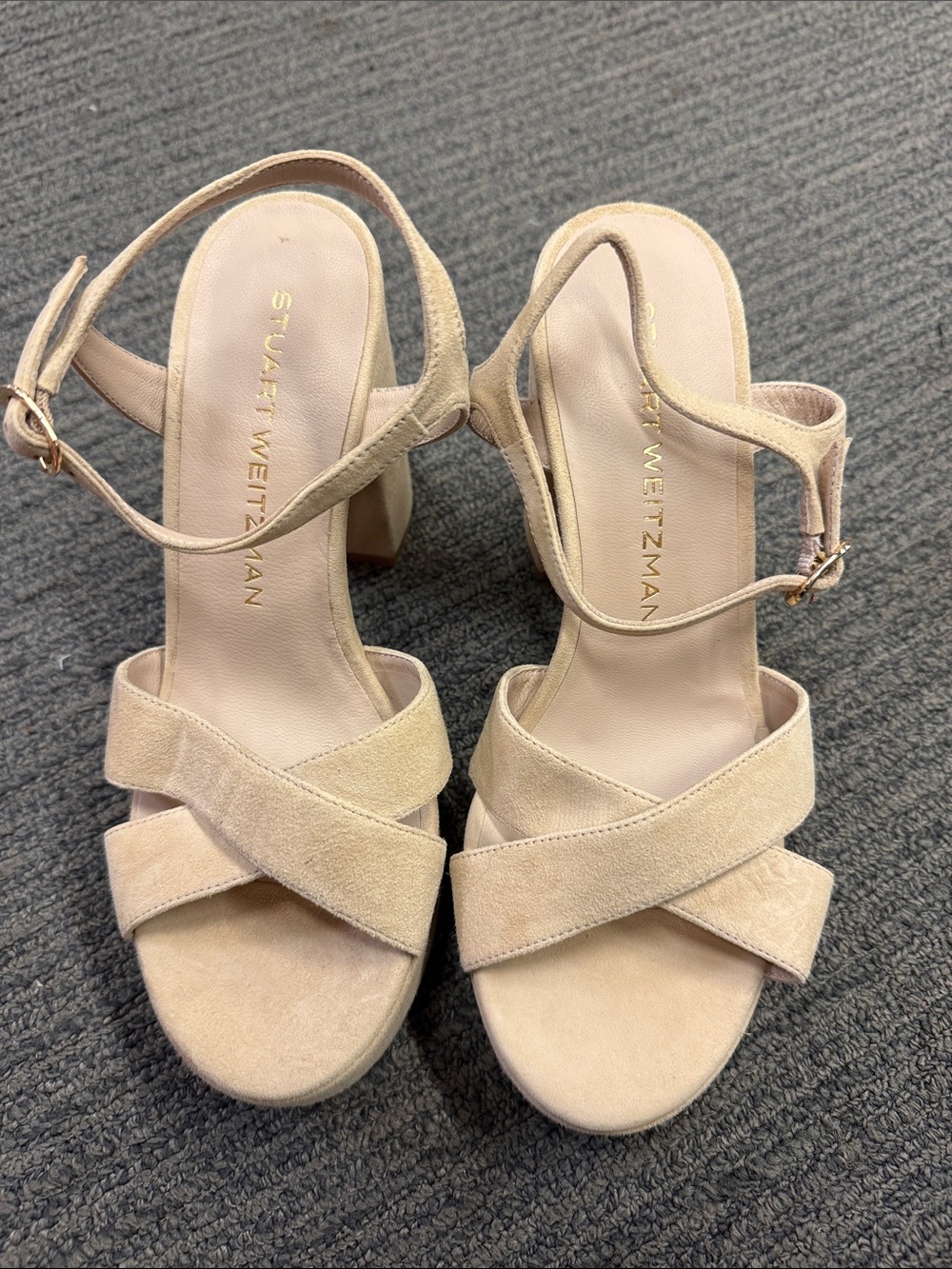 Stuart Weitzman Nude Beige Suede Crisscross Block Heel Sandals